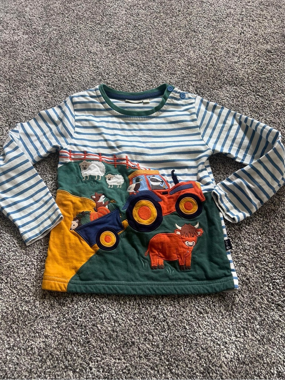 Jojo Mamah Bebe Striped Farm Tractor Appliqué Toddler Tee - Blue, Green, Orange